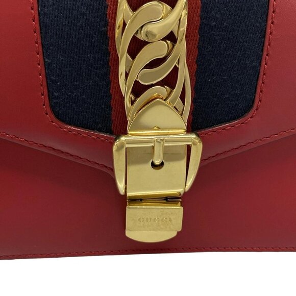 Authentic GUCCI Sylvie Mini Red Navy Leather Shoulder Bag br492-120725 - Picture 5 of 16